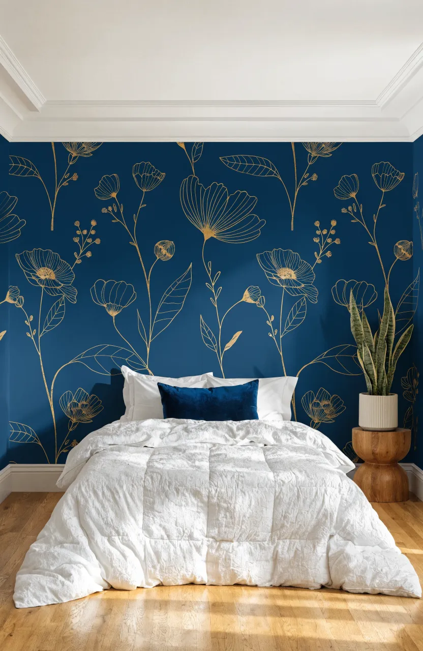 A bedroom with a navy and gold botanical wallpaper accent wall behind a floor-level bed.