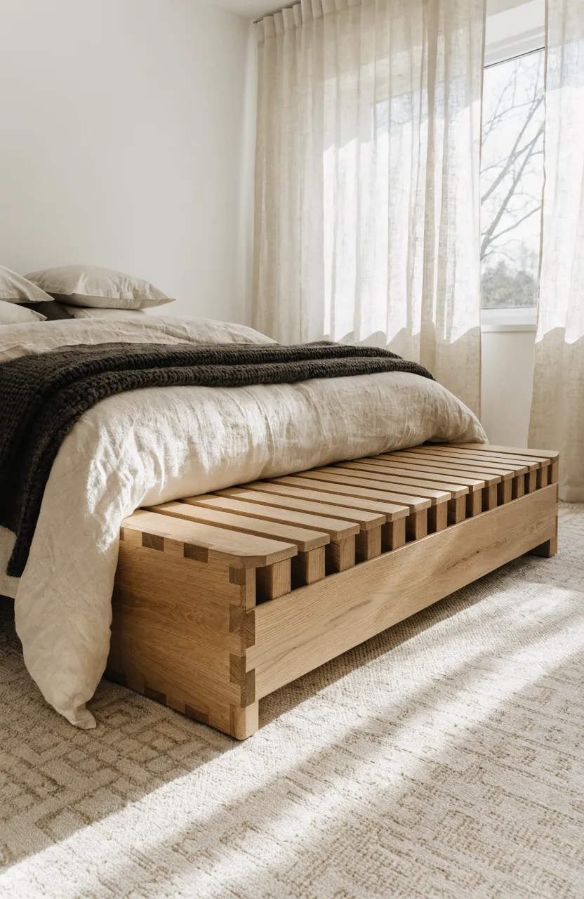 A low oak bench at the foot of a floor-level bed with cream linen bedding and a charcoal throw.