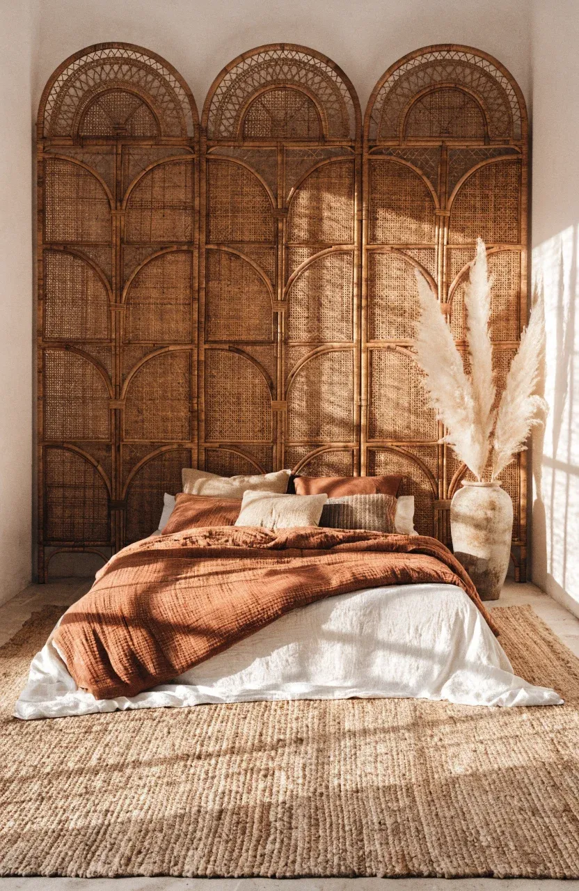 A woven rattan room divider used as a decorative headboard behind a floor-level bed.