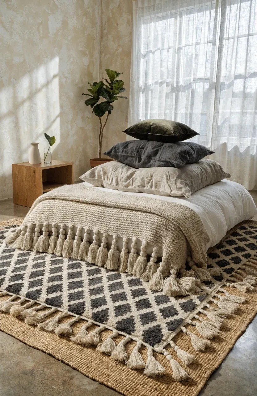A cozy bedroom with a bed on the floor styled over stacked jute and Moroccan rugs.
