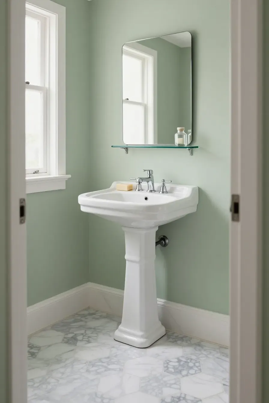 A bright small bathroom featuring a white pedestal sink, sage green walls, and marble floor tiles.
