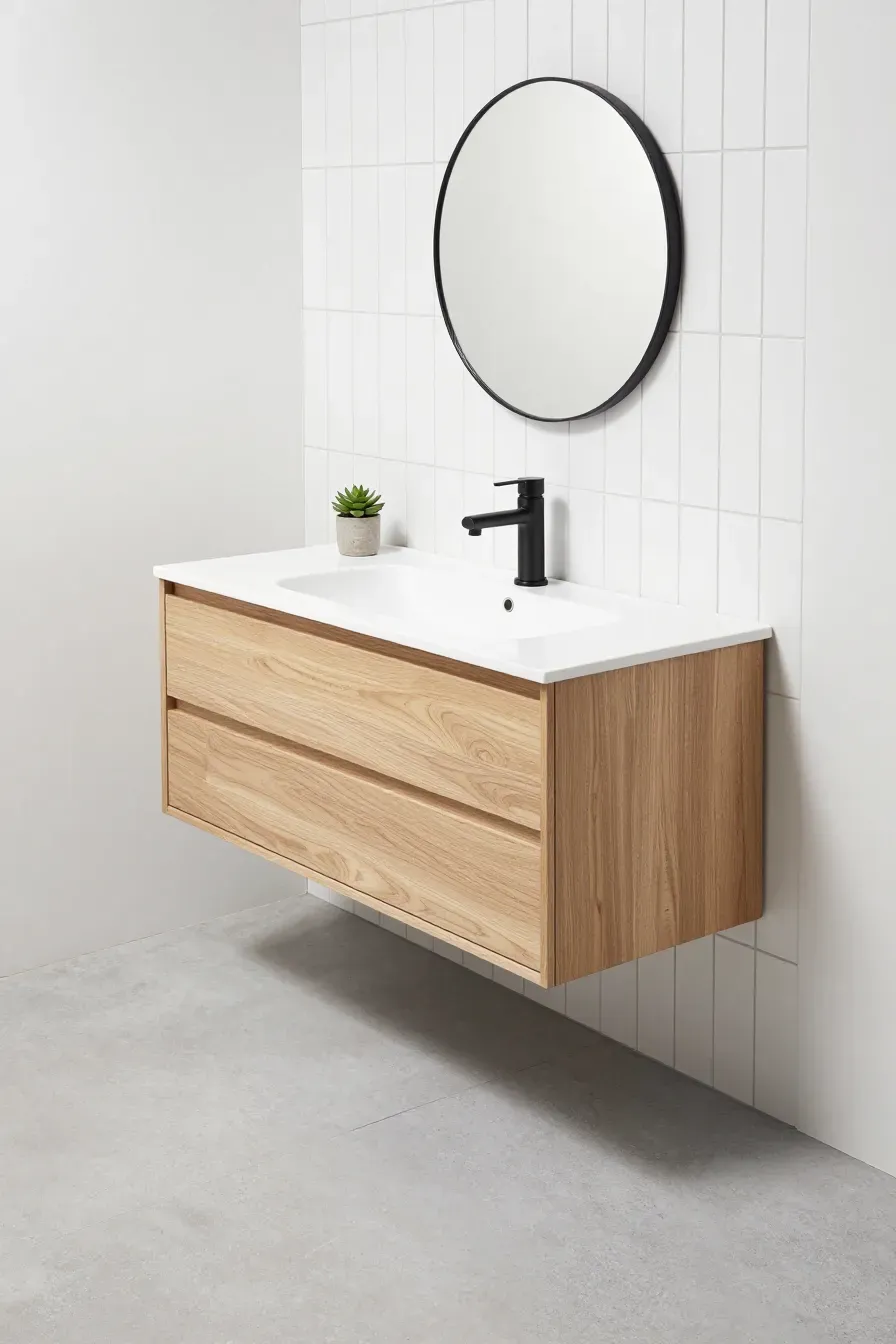 A modern small bathroom with a light oak floating vanity, white basin, and matte black fixtures.