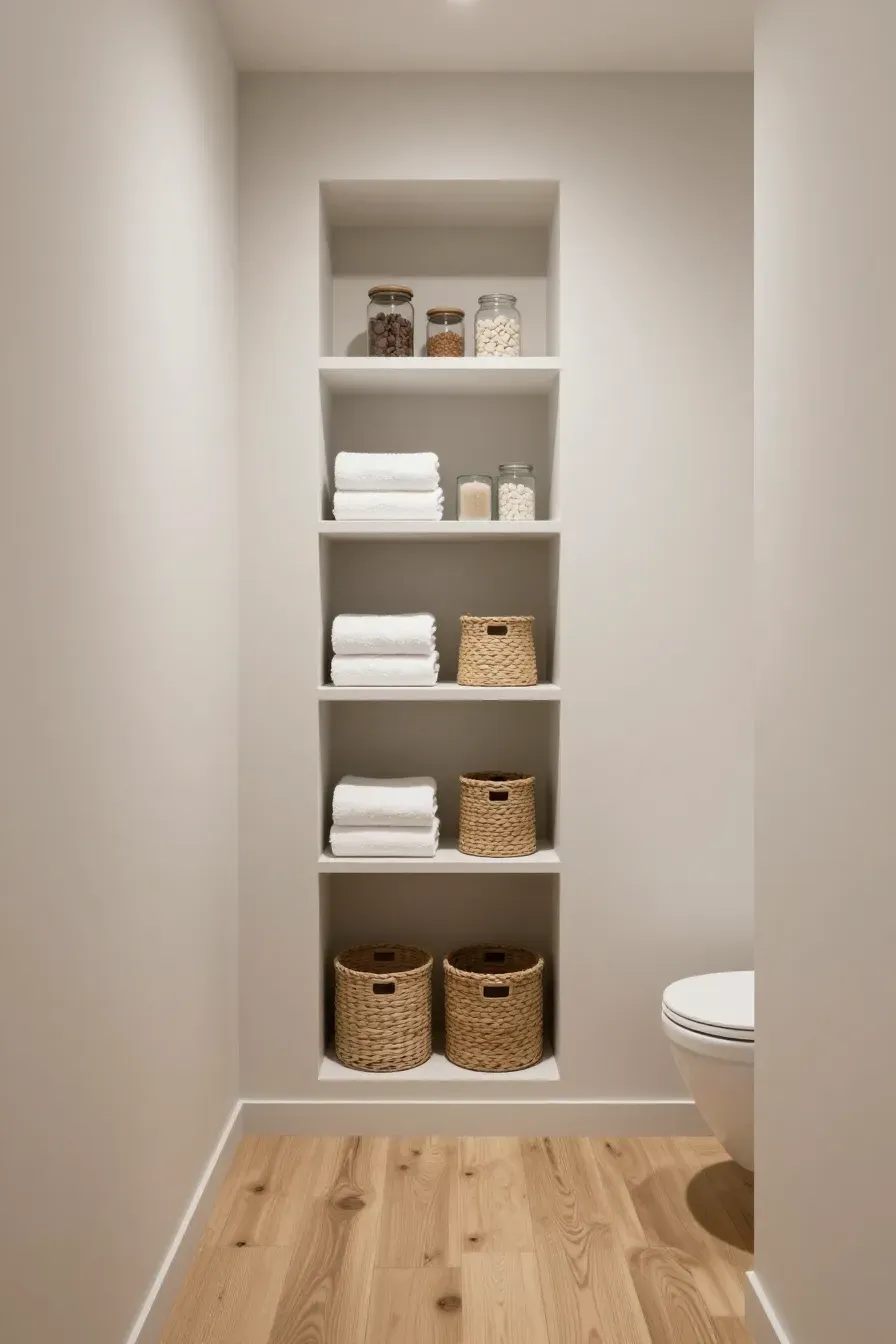Floor-to-ceiling recessed white shelves in a small bathroom filled with towels and baskets.