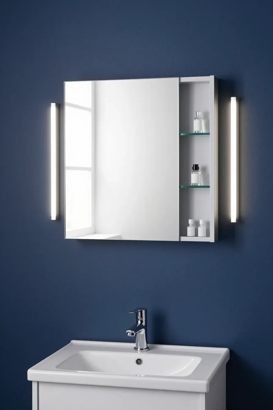 A flush-mounted mirrored medicine cabinet on a navy blue wall above a small white sink.