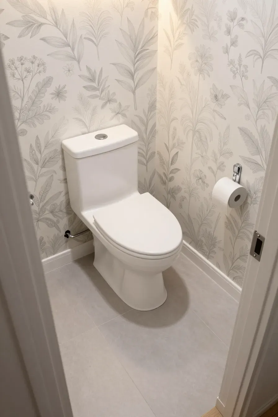 A white corner toilet with a triangular tank installed in a small bathroom with botanical wallpaper.