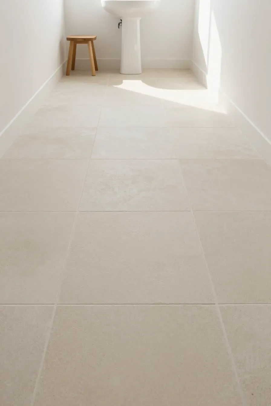 Large sand-colored floor tiles in a small bathroom creating a seamless and spacious appearance.