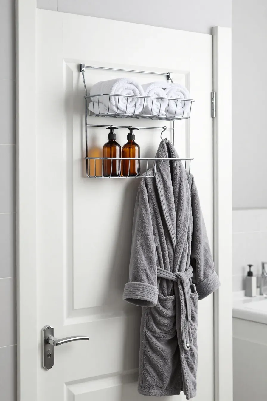 A silver over-the-door rack holding towels and bottles on a white bathroom door.