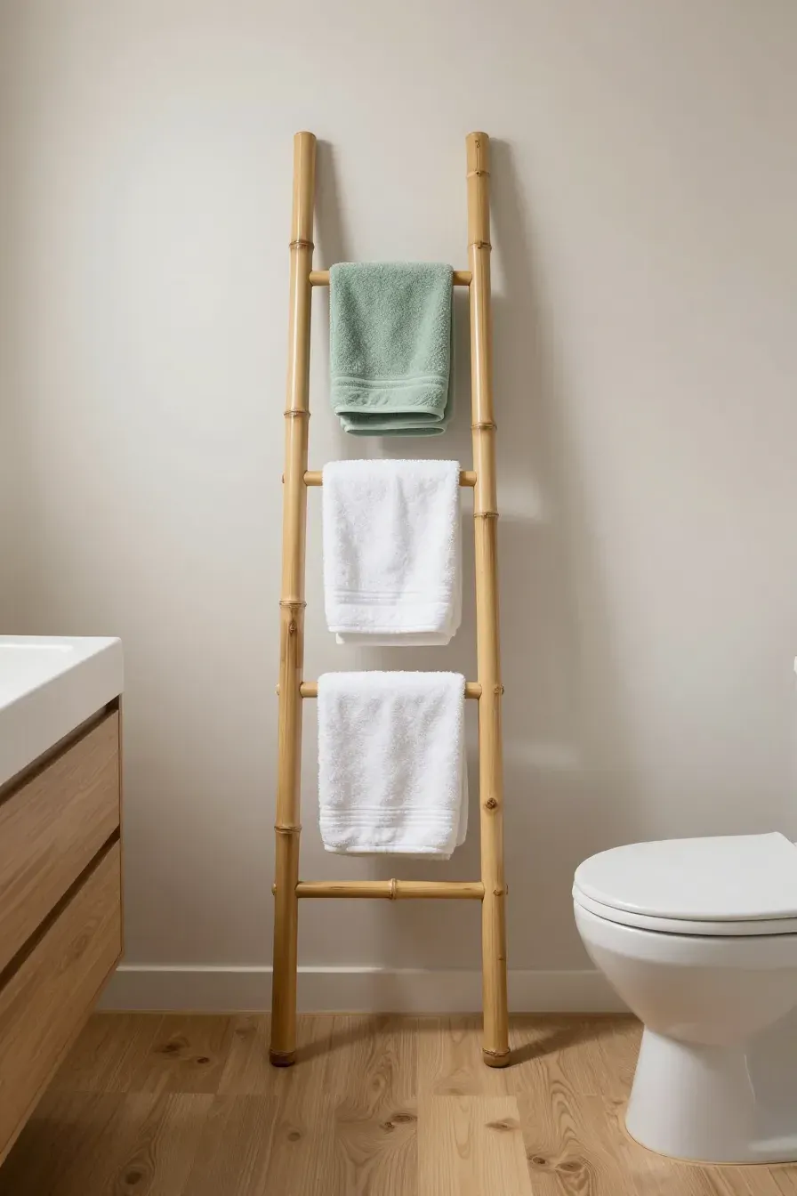 A tall bamboo ladder leaning against a wall in a small bathroom, holding white and green towels.