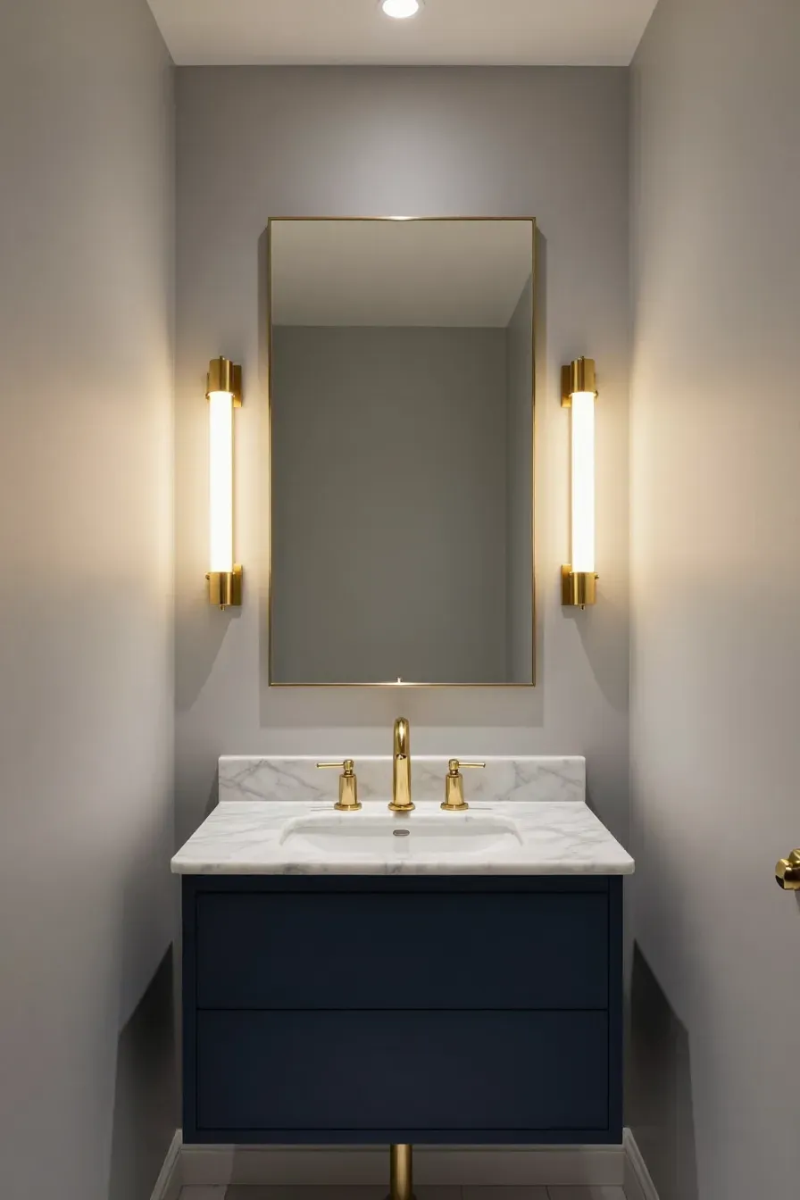 Two gold brass sconces flanking a mirror over a marble vanity in a small, elegant bathroom.