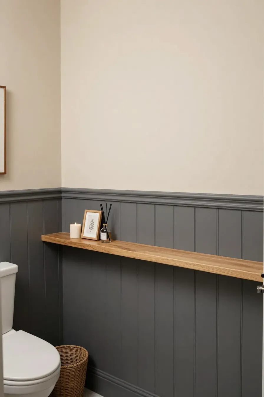 Gray wainscoting with a narrow top ledge holding a candle and small decor in a compact bathroom.