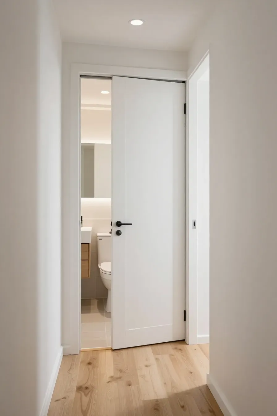 A white sliding pocket door opening into a small, bright bathroom with a vanity and toilet.
