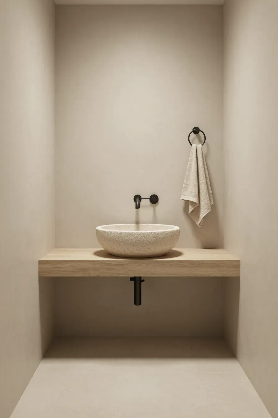 A minimalist beige bathroom with a stone sink, matte walls, and a linen towel.