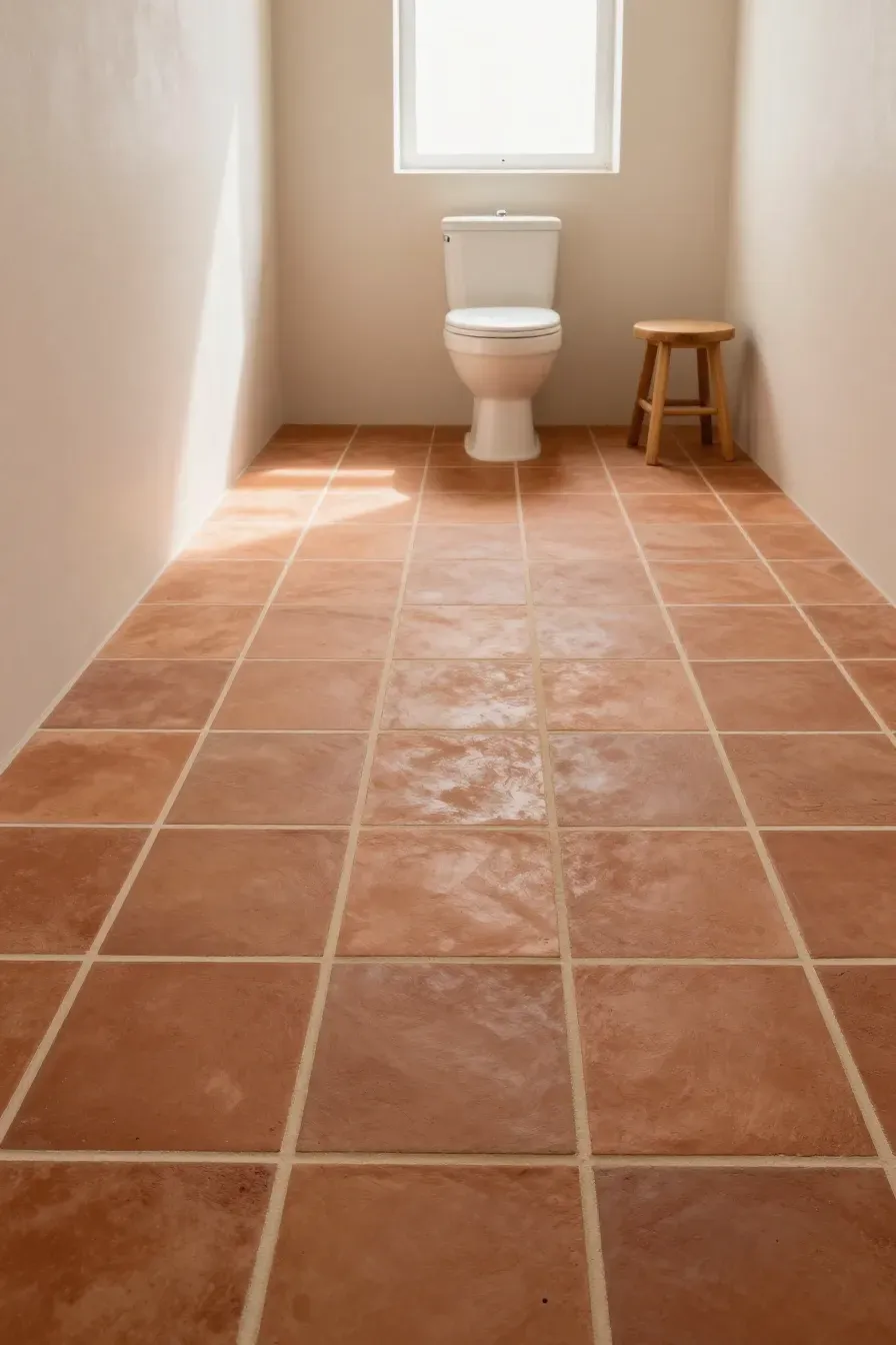 A small bathroom with warm matte terracotta floor tiles and cream-colored walls.