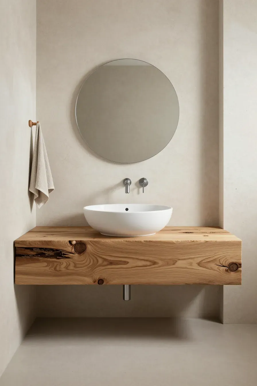 A floating raw wood vanity with a white vessel sink in a minimalist earthy bathroom.