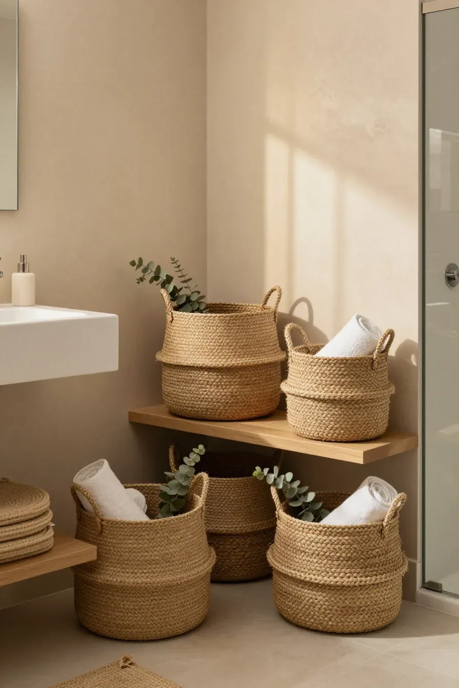 Woven jute baskets holding towels in a warm, neutral-toned small bathroom.