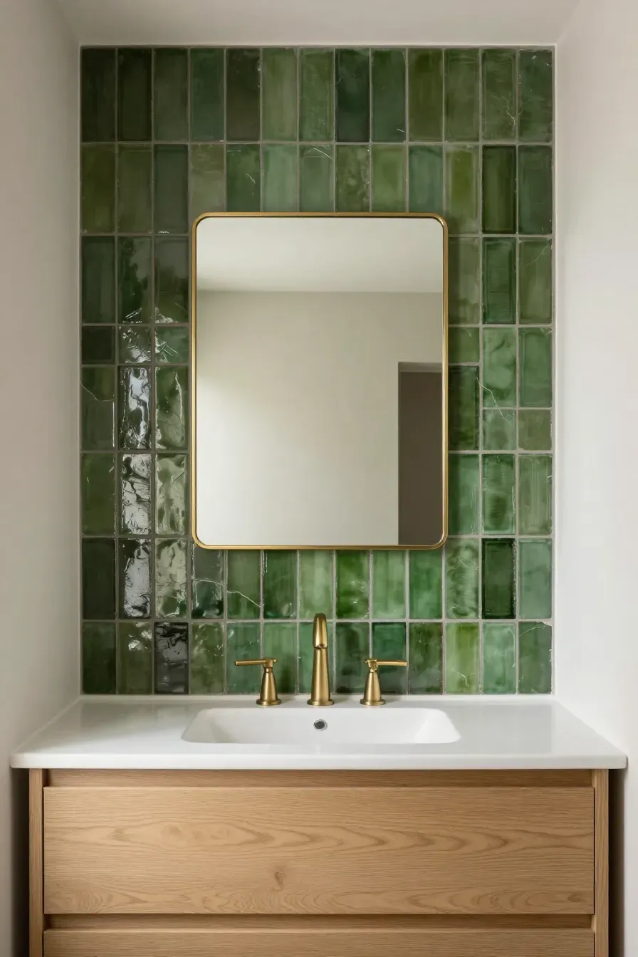 A moss green Zellige tile backsplash behind a bathroom mirror and wooden vanity.