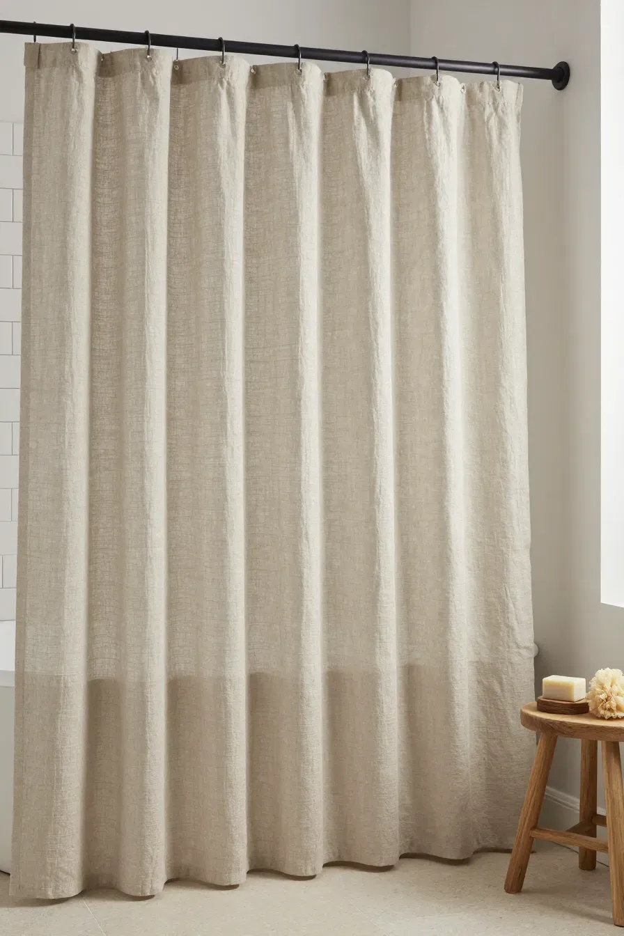 A textured sand-colored linen shower curtain in a bright, natural bathroom.