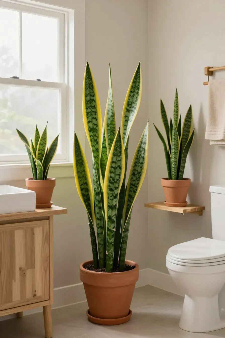 Lush green snake plants in terracotta pots decorating a small, natural bathroom.