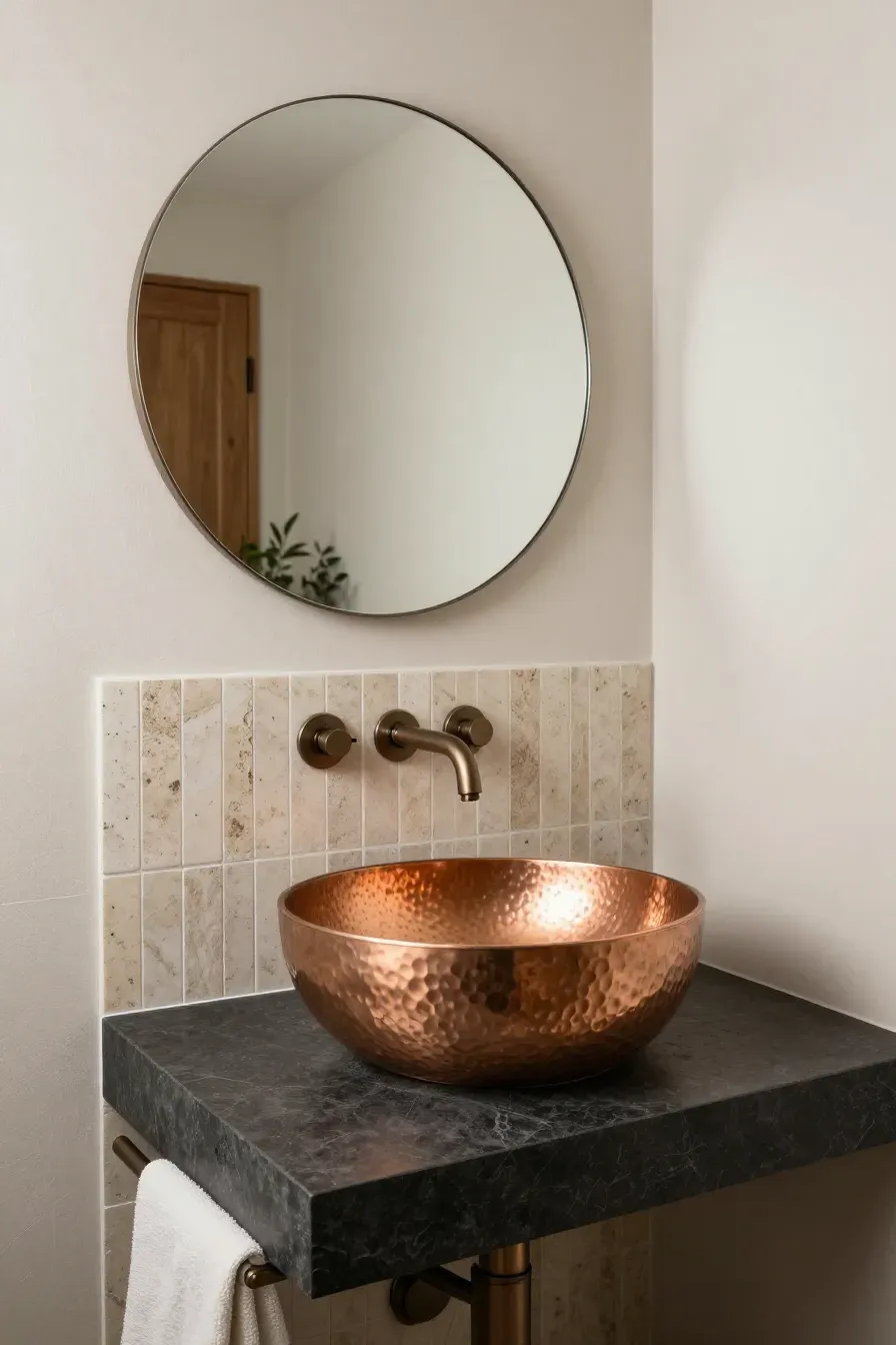 A hand-hammered copper vessel sink on a dark stone counter in a small, earthy-toned bathroom.