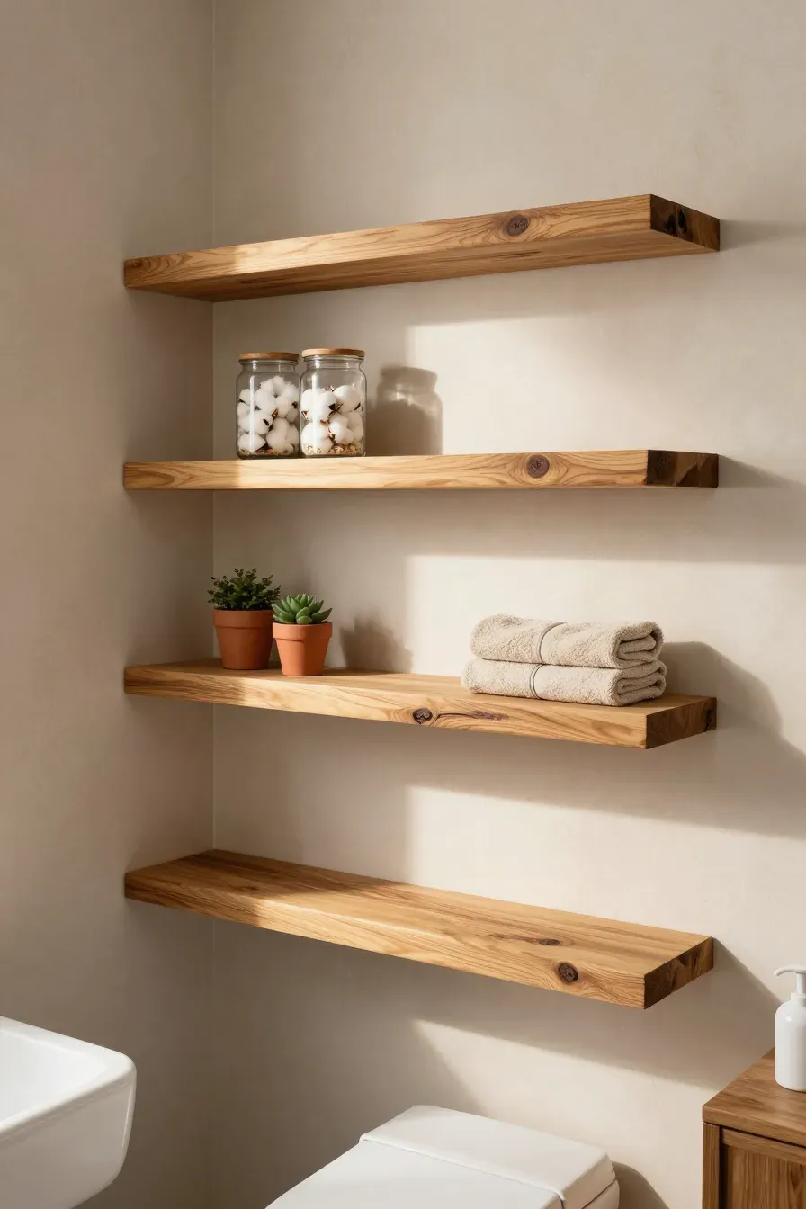 Thick reclaimed wood floating shelves with natural grain in a bright, neutral small bathroom.