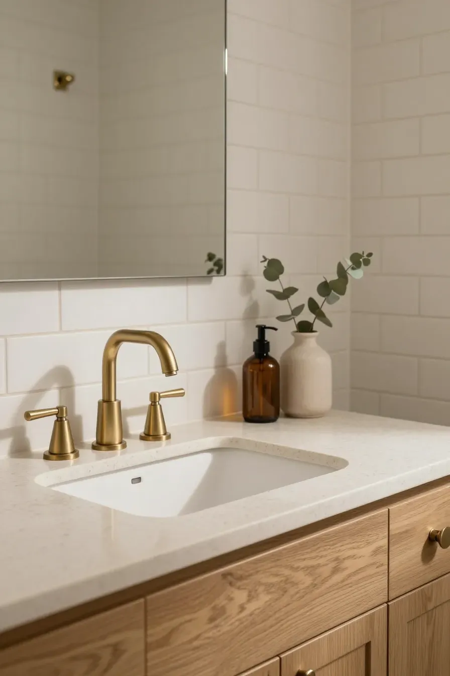 Brushed brass faucet and hardware on an oak vanity in a warm, neutral-toned bathroom.