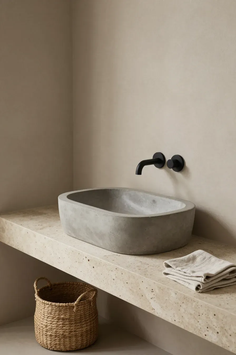 A matte gray concrete vessel sink on a stone counter in a minimalist earthy bathroom.