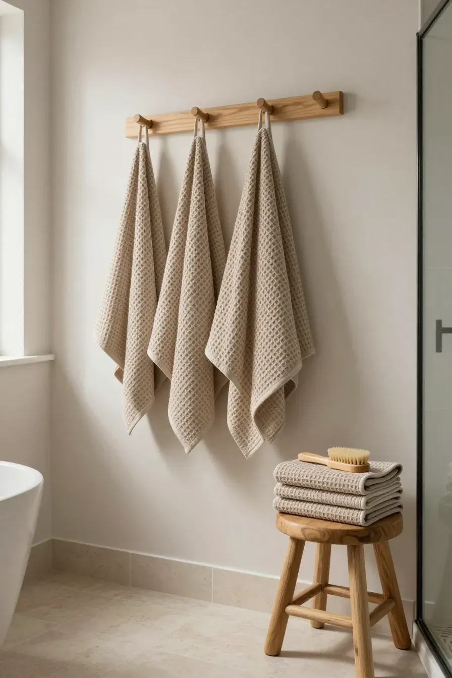 Textured oatmeal-colored waffle weave towels hanging on wooden pegs in a neutral bathroom.