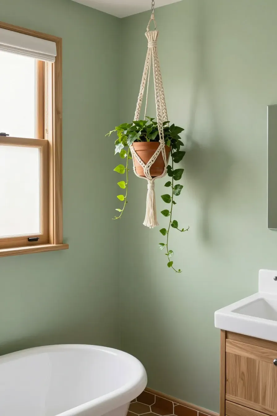 A macramé plant hanger with trailing ivy in the corner of a boho-style earthy bathroom.