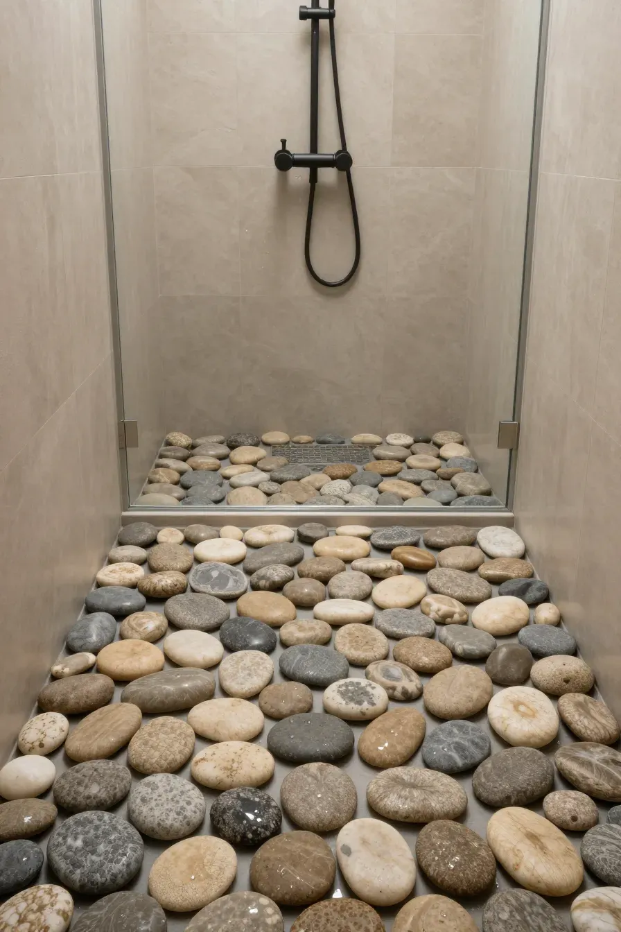A walk-in shower with a natural river pebble floor and sand-colored wall tiles.