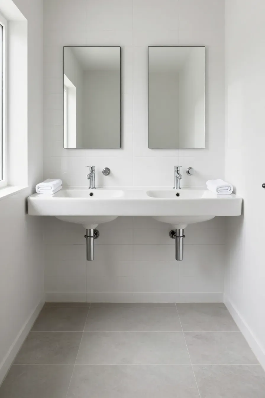A modern white trough sink with two wall-mounted faucets in a bright, small shared bathroom.