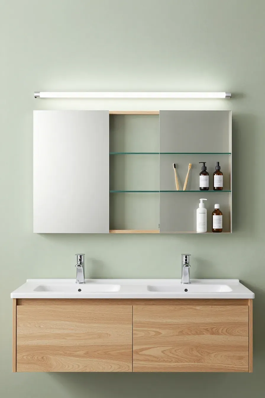 Two mirrored medicine cabinets recessed into a green wall above a clean bathroom vanity.