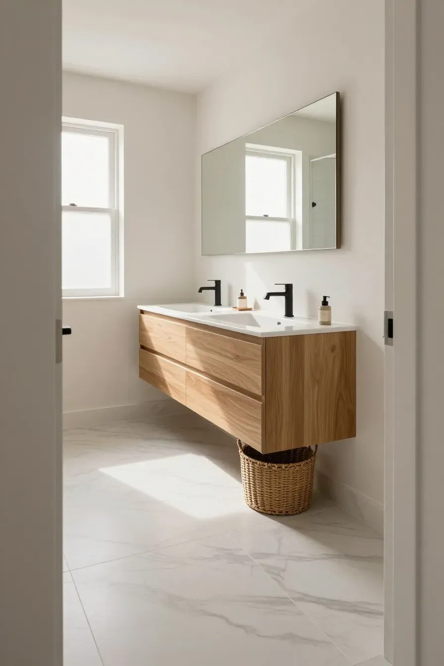 A light wood floating vanity in a narrow bathroom with open floor space underneath.