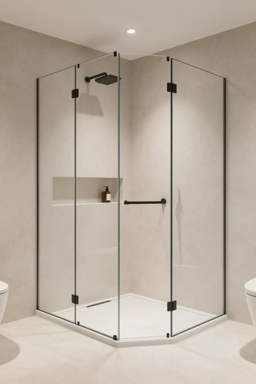A small bathroom featuring a walk-in shower with a transparent glass wall and stone tiling.