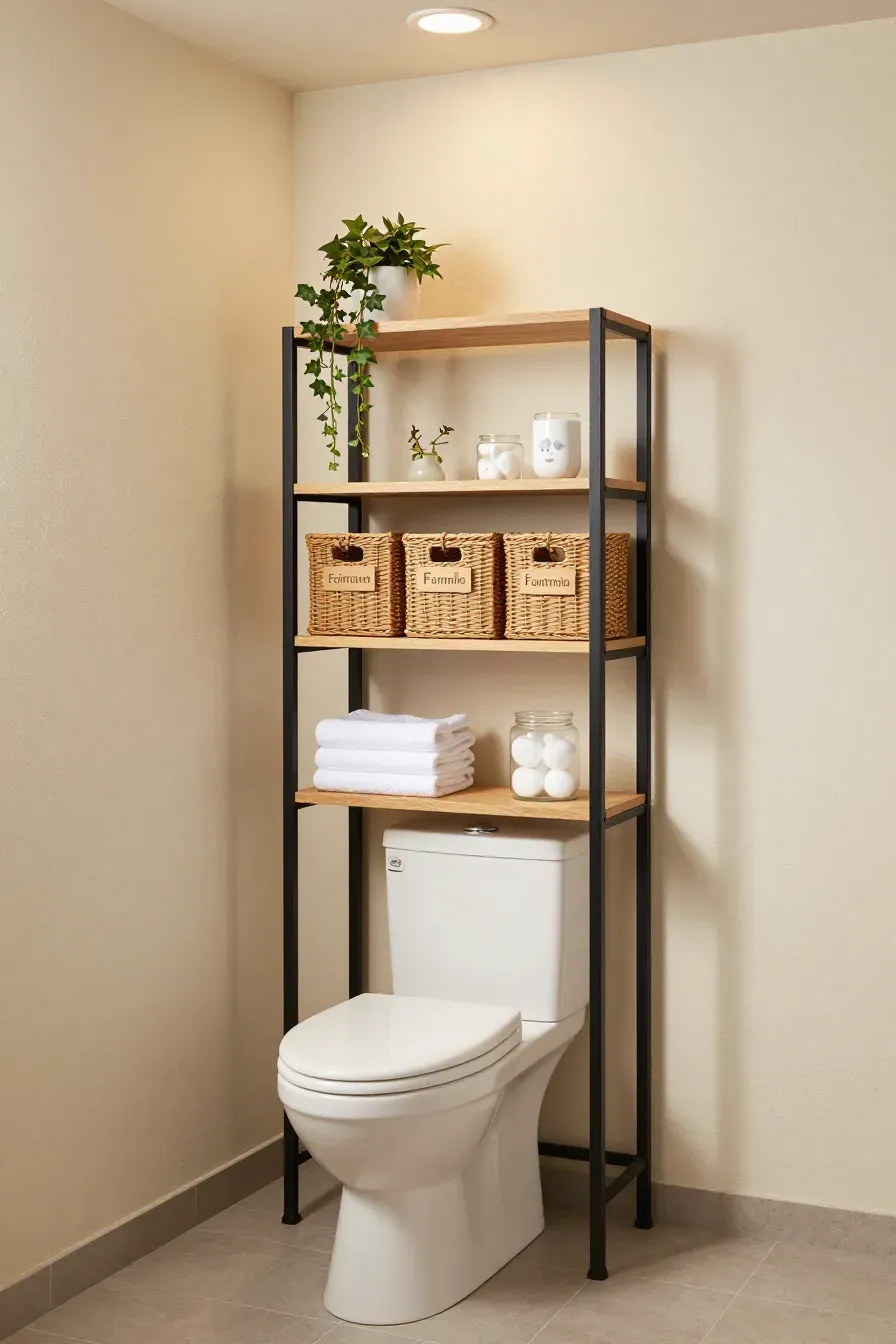 A black metal and wood shelving unit over a toilet holding baskets and towels in a small bathroom.