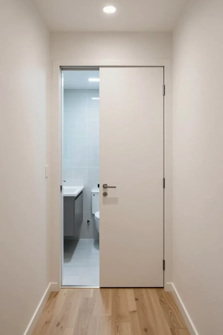 A white pocket door sliding into a wall to save space in a small, modern bathroom.