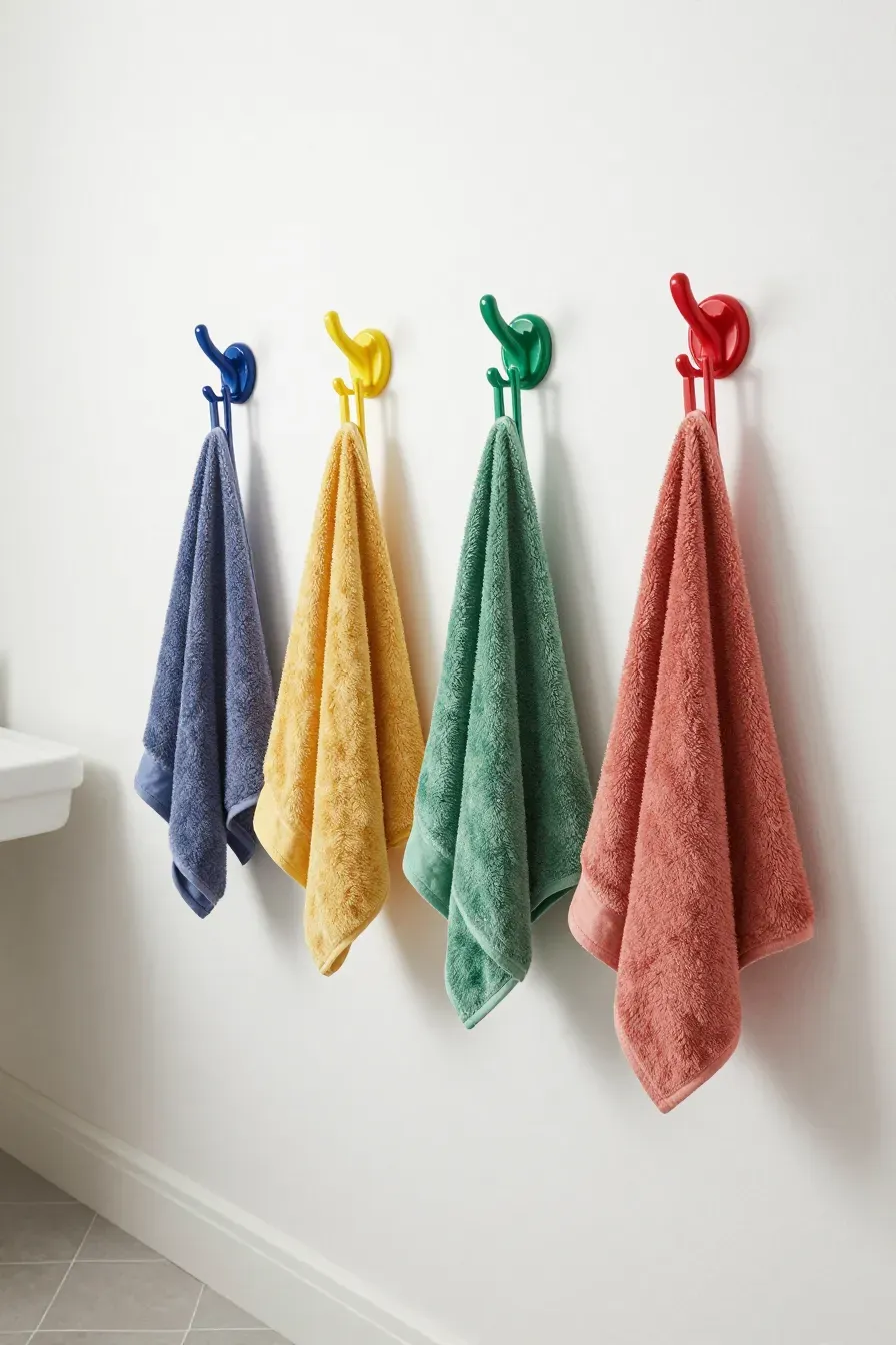 A row of four colorful towels hanging on matching hooks on a white bathroom wall.