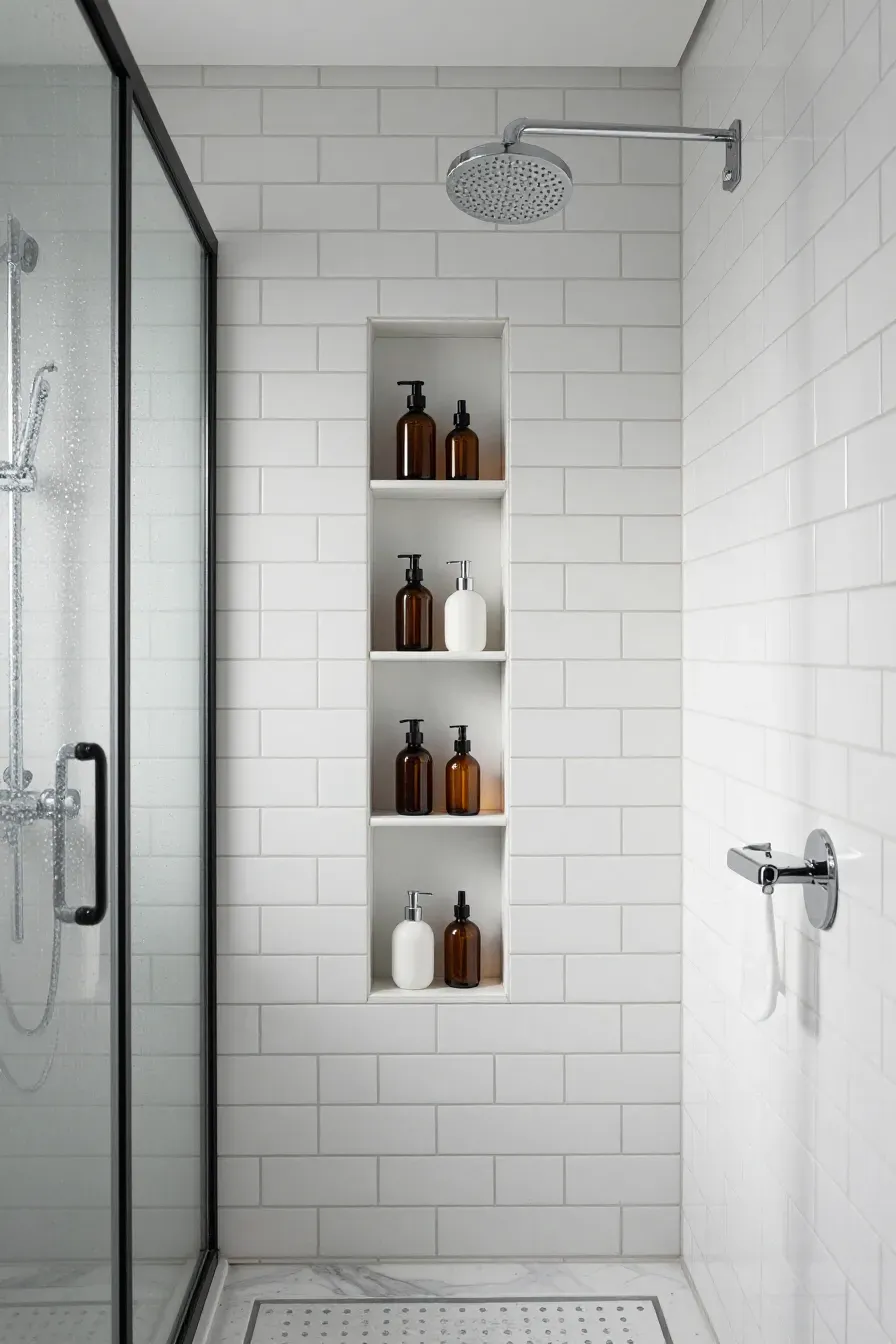 A three-tier recessed wall niche in a modern tiled shower filled with organized toiletries.