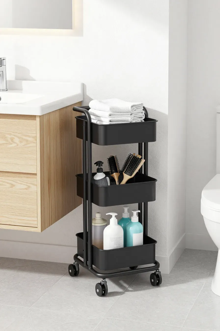 A slim black rolling cart with three shelves tucked into a narrow space next to a bathroom vanity.