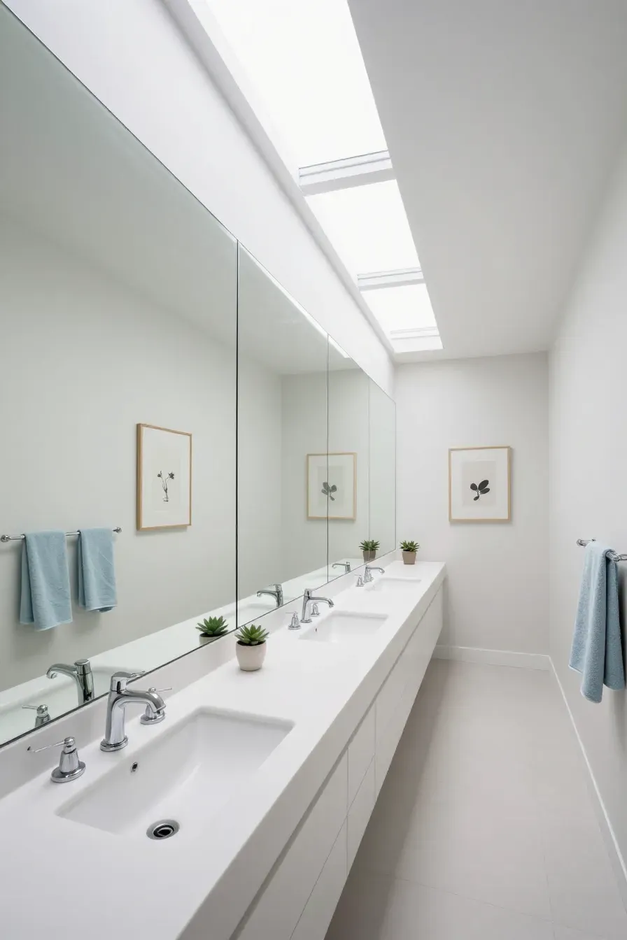 An expansive wall-to-wall mirror over a double vanity in a narrow, modern bathroom.