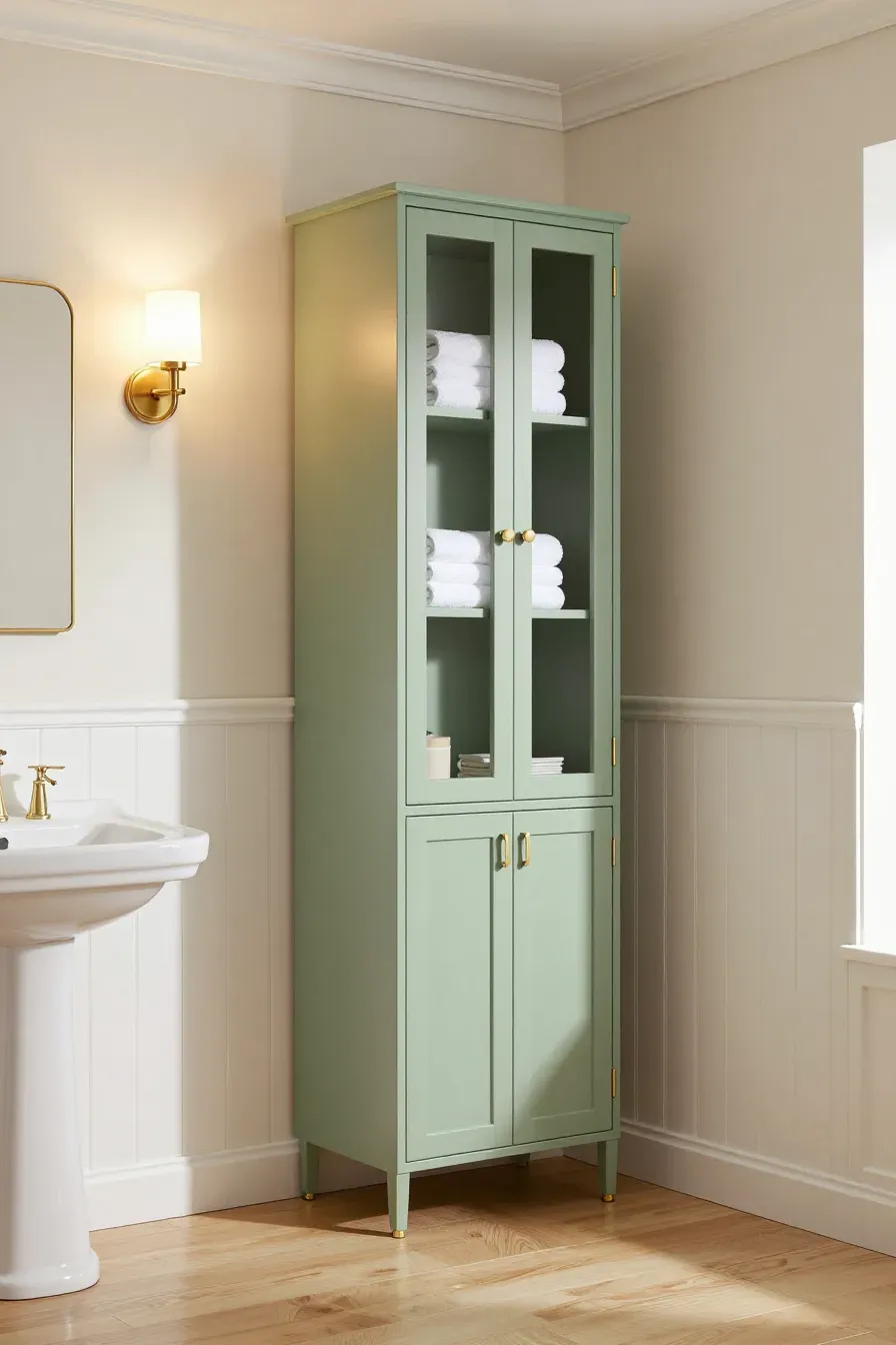 A tall sage green floor-to-ceiling cabinet standing in the corner of a small white bathroom.