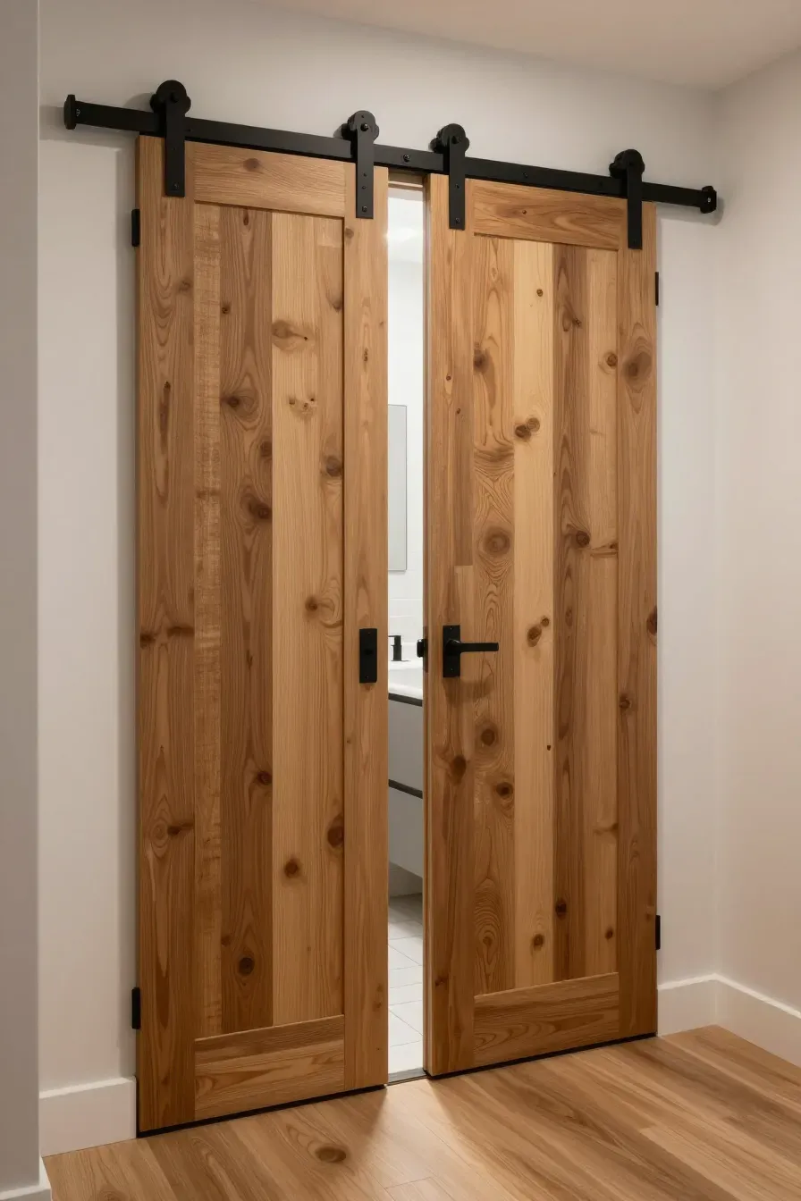A wooden sliding barn door on a black track opening into a small, bright bathroom.