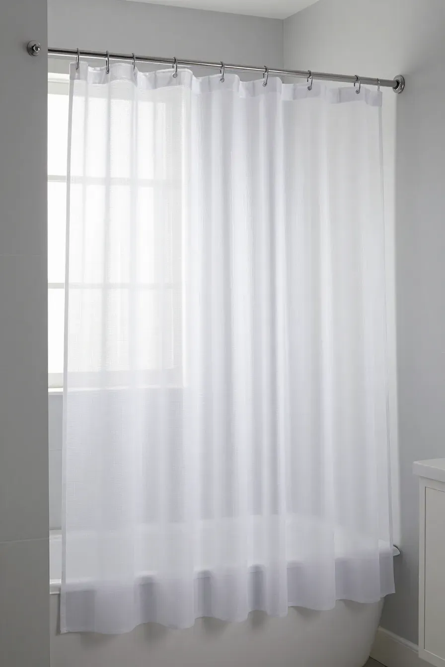A white shower curtain with a transparent top section in a bright, small bathroom.