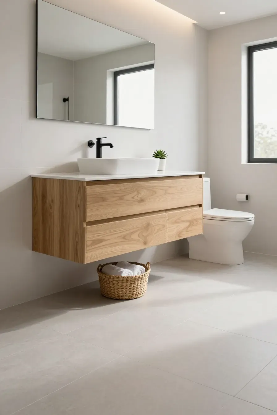 A modern small bathroom featuring a light oak floating vanity and gray floor tiles.