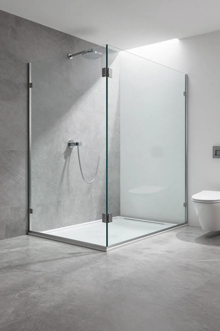 A seamless curbless shower with a single glass panel and matching floor tiles.