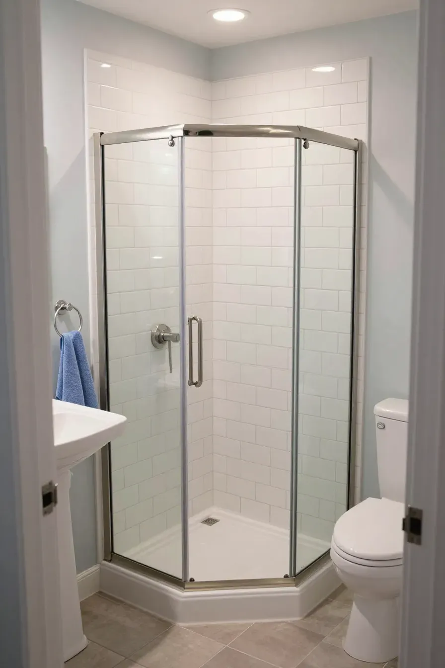 A square small bathroom with a neo-angle corner shower stall and white subway tiles.