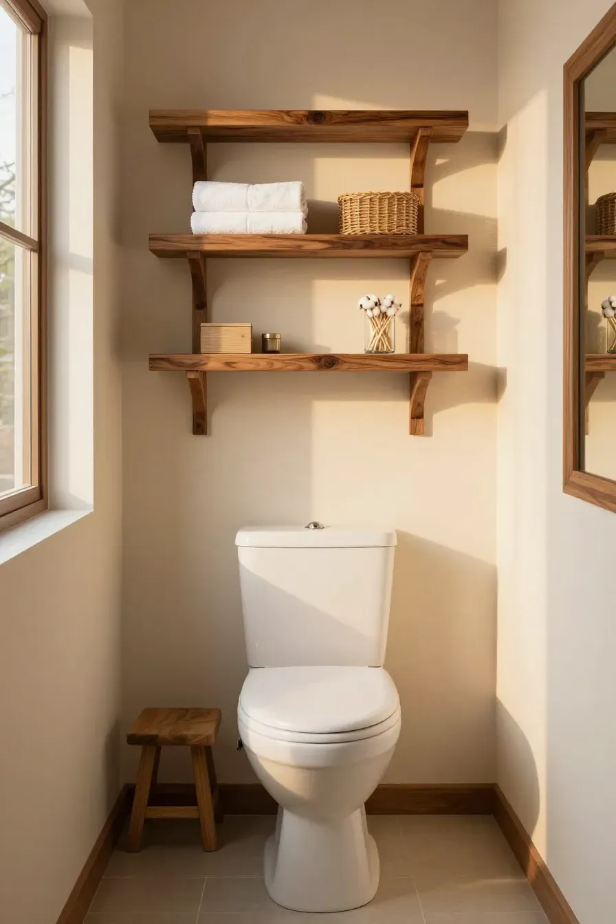 Three walnut floating shelves installed above a white toilet in a small bathroom.