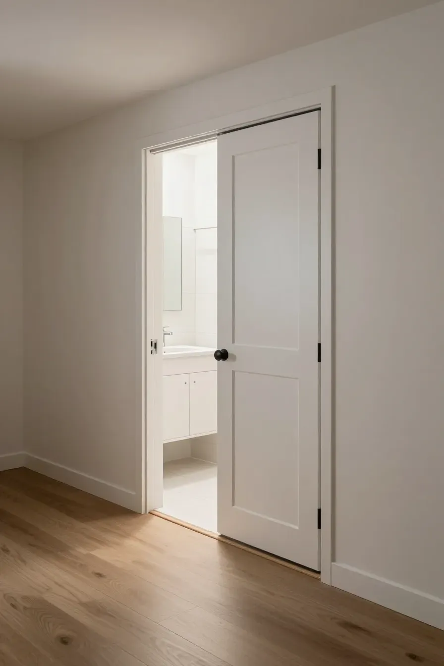 A white shaker-style pocket door sliding into the wall at a small bathroom entrance.
