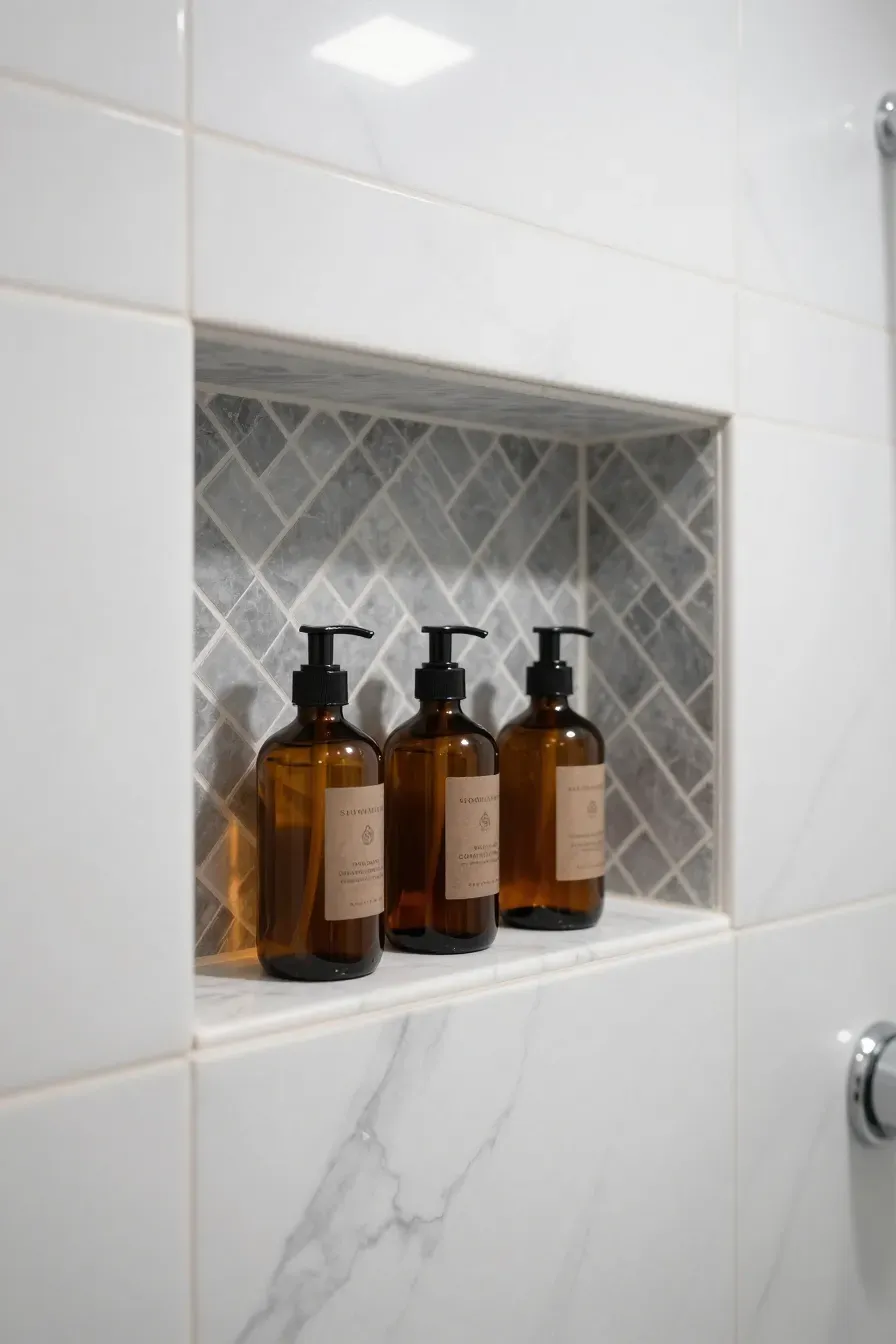 A tiled shower wall with a recessed niche containing amber glass toiletry bottles.