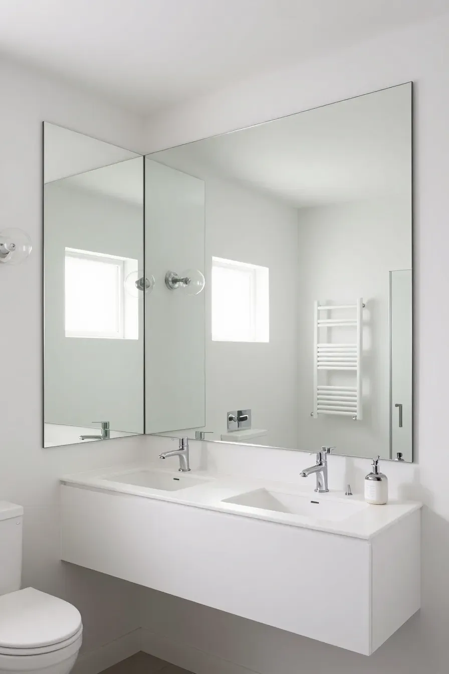 A large frameless mirror spanning the wall of a small bathroom, reflecting the entire room.