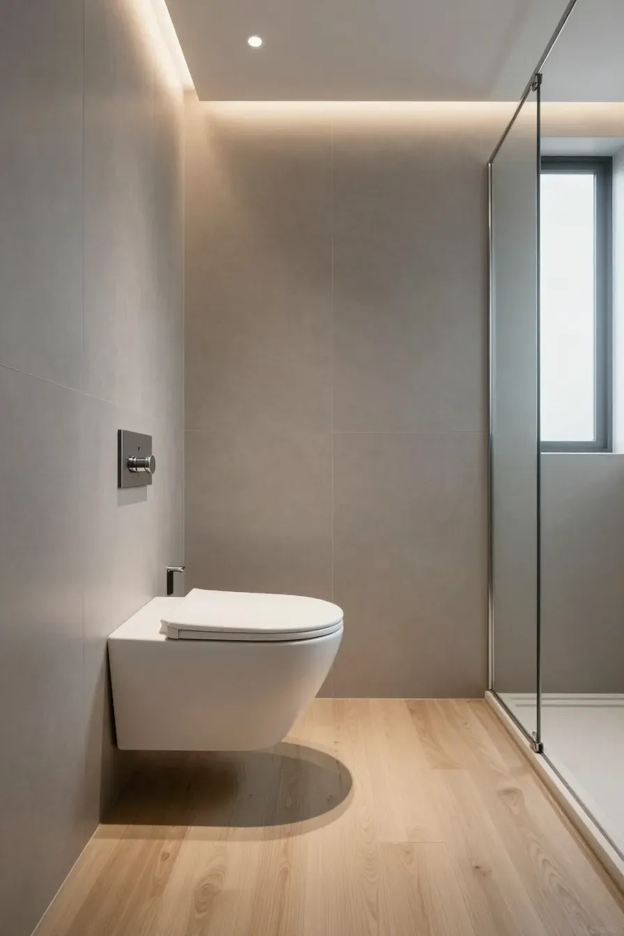 A modern wall-hung toilet in a small bathroom with grey walls and light wood floors.